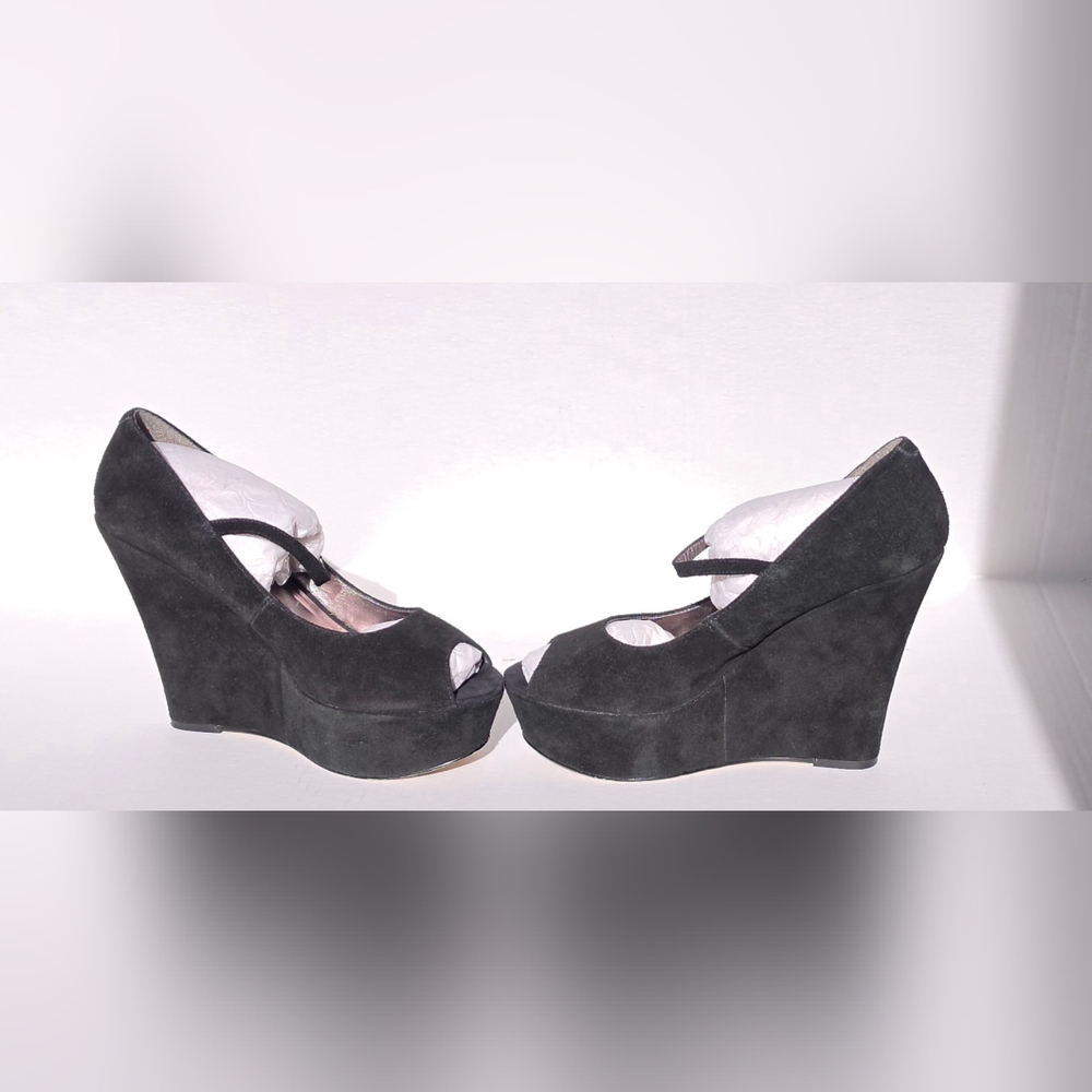 Steve Madden Sofiaa Suede Black Wedge Peep Toe Shoes Sz 10 - Picture 10 of 11